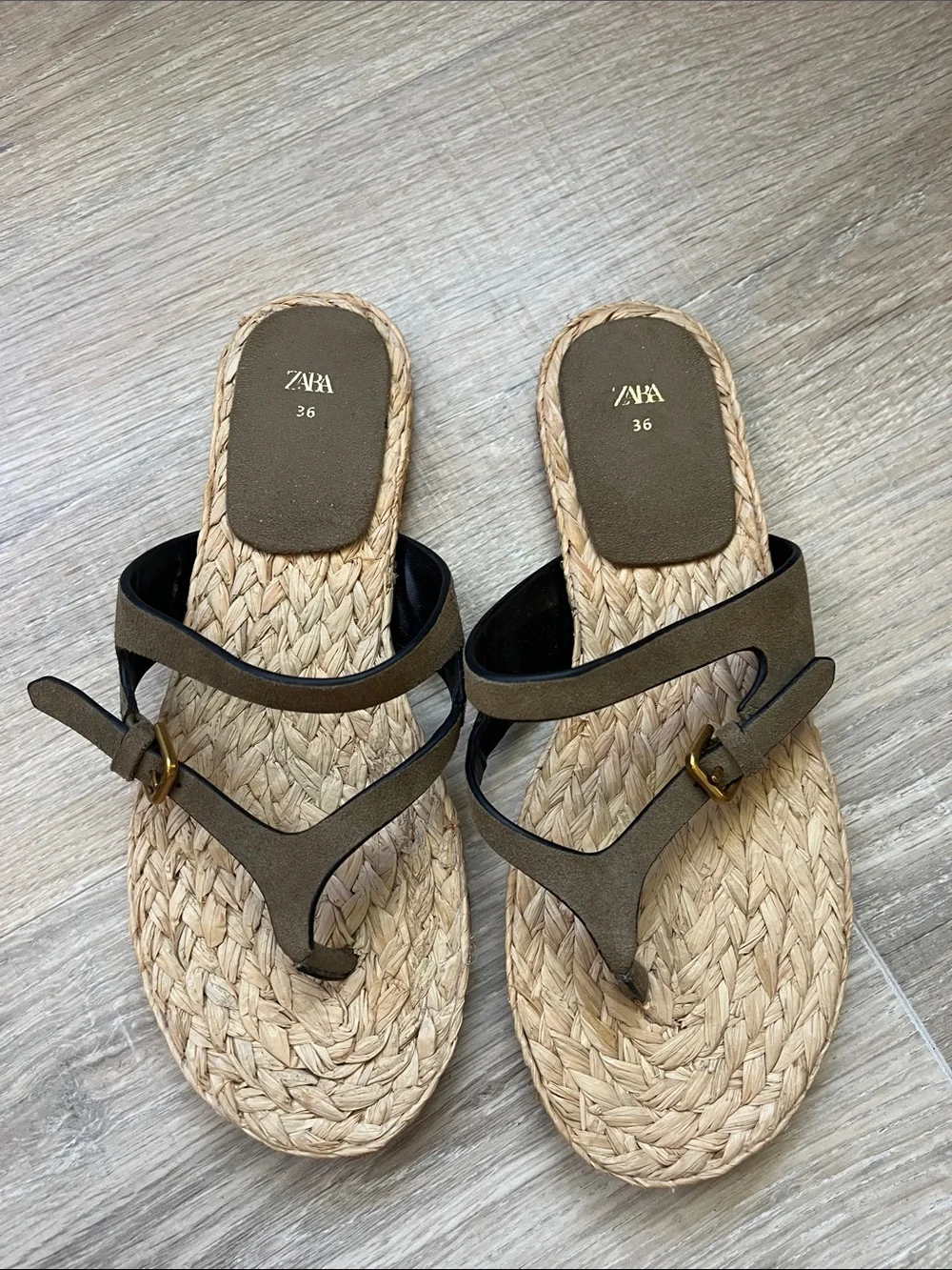 ZARA Olive Braided Espadrille Thong Sandals with Gold Buckles - Picture 1 of 4
